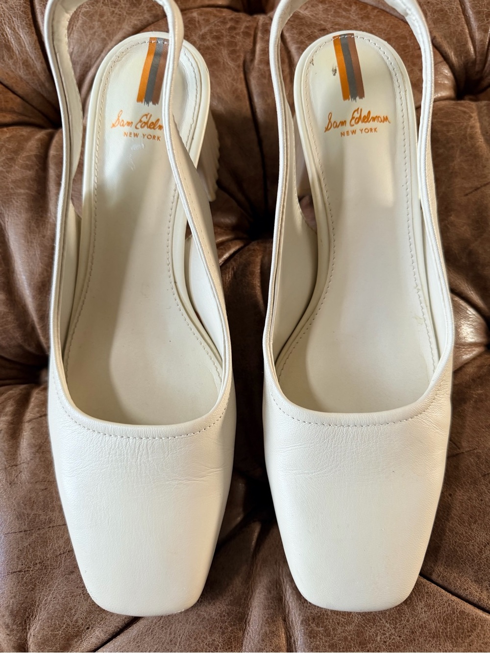 Sam Edelman Ivory Leather Slingback Pumps Size 6.5 Block Heel Square Toe